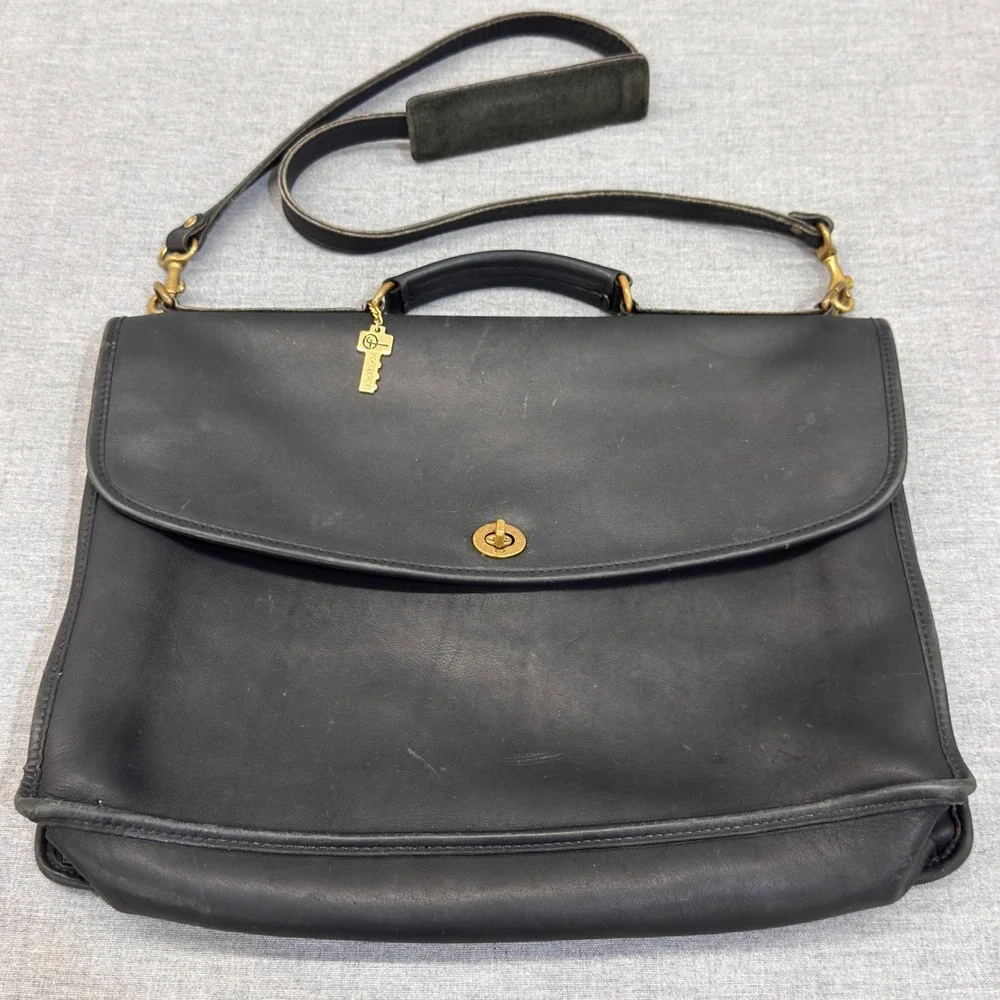 Jack Georges Black Leather Briefcase Messenger Bag Made in USA Brass Turn-lock